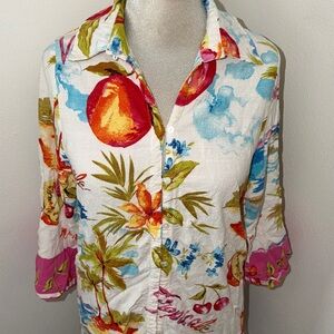 Anthropologie Label of Love Nolani vacation linen blend tropical shirt dress s